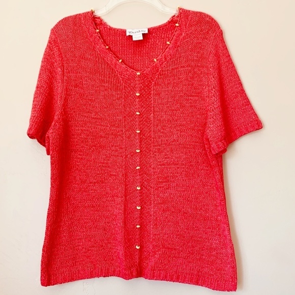 TanJay Coral Open Weave With Beading Detail V-Neck Sweater Women's Size Large - Picture 12 of 14